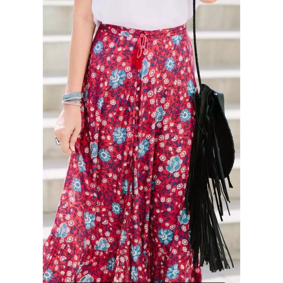 SOLD OUT Red Floral Gypsy Boho Button Up Maxi Skirt - Picture 4 of 14
